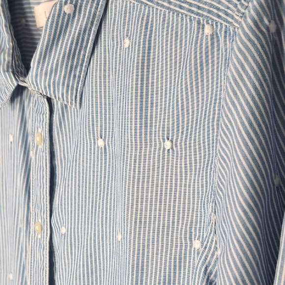 LOFT | Blue and White Striped Button Down Shirt with Polka Dot Embroidery Size M - Picture 4 of 6